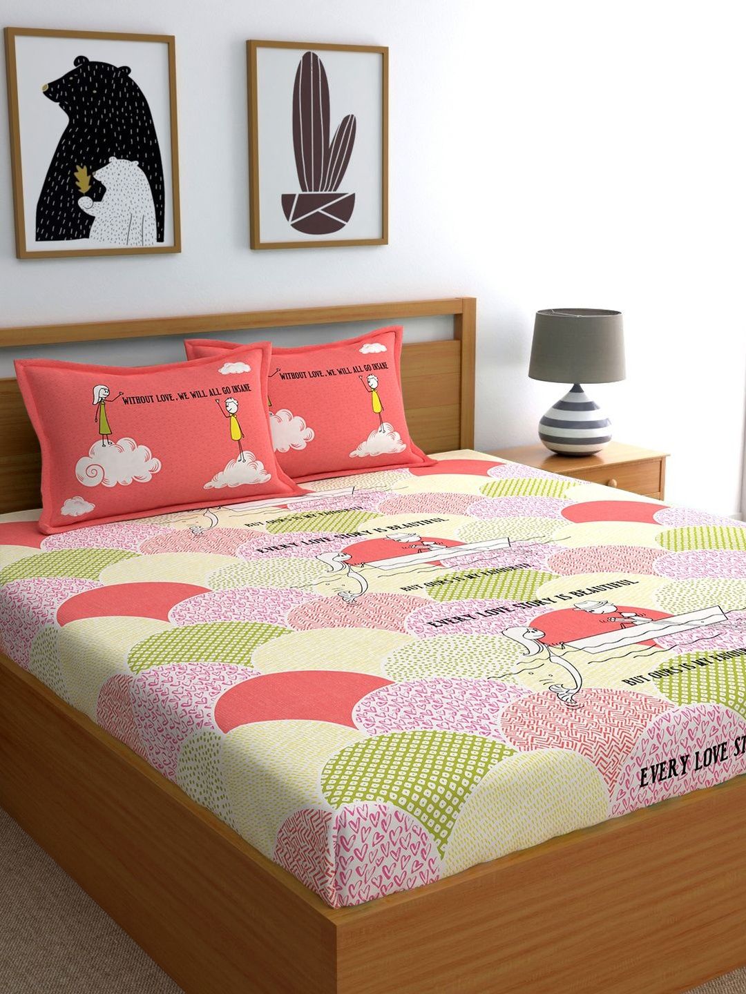 Home Ecstasy Peach-Coloured Conversational 144 TC Cotton Bedsheet with 2 Pillow Covers