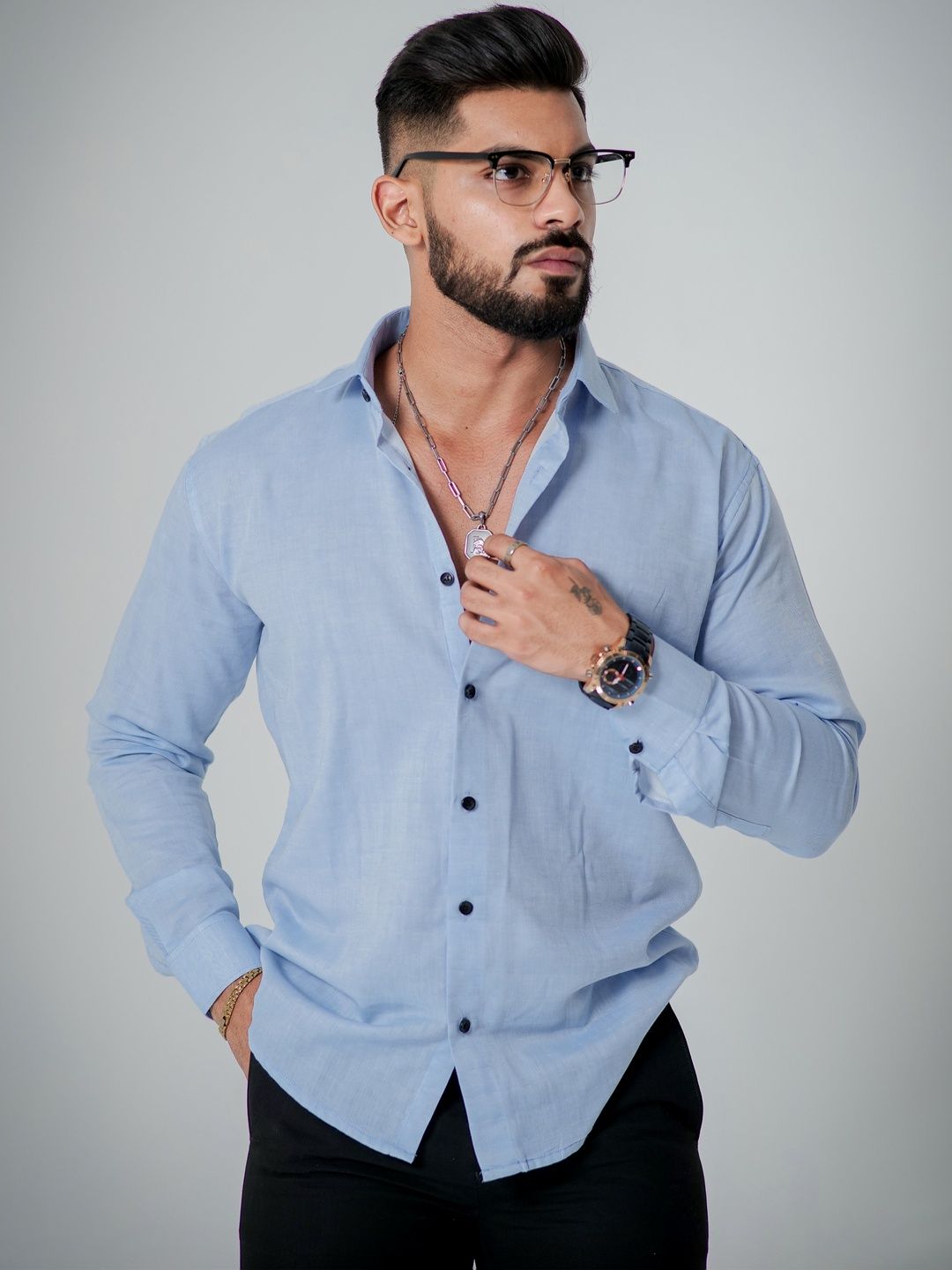 Foomer Men Cotton Linen Spread Collar Casual Shirt