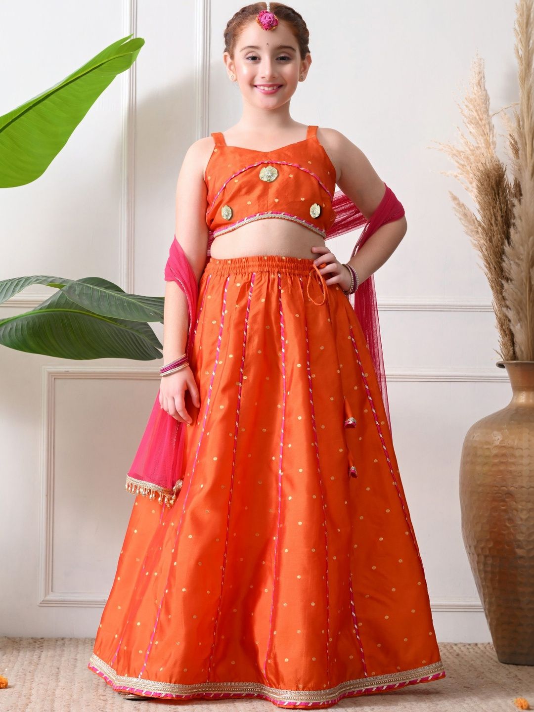 House of Pataudi Girls Embellished V-Neck Flared Lehenga Choli