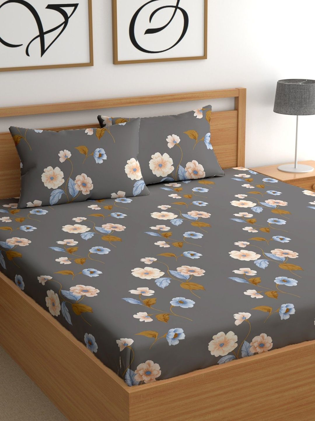 CG HOMES CG HOMES Grey Floral Double Bedsheet with 2 Pillow Covers