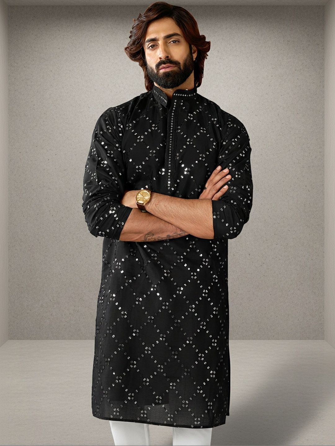 RANGRAAG Men Flared Sleeves Sequinned Kurta