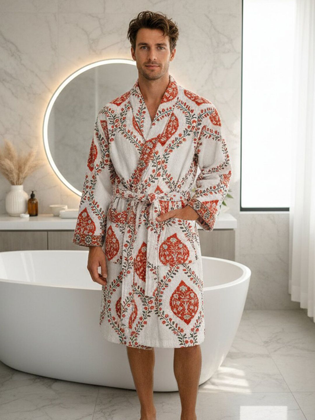 Jinaya's Men Block Printed Cotton Bath Robe & Wraps