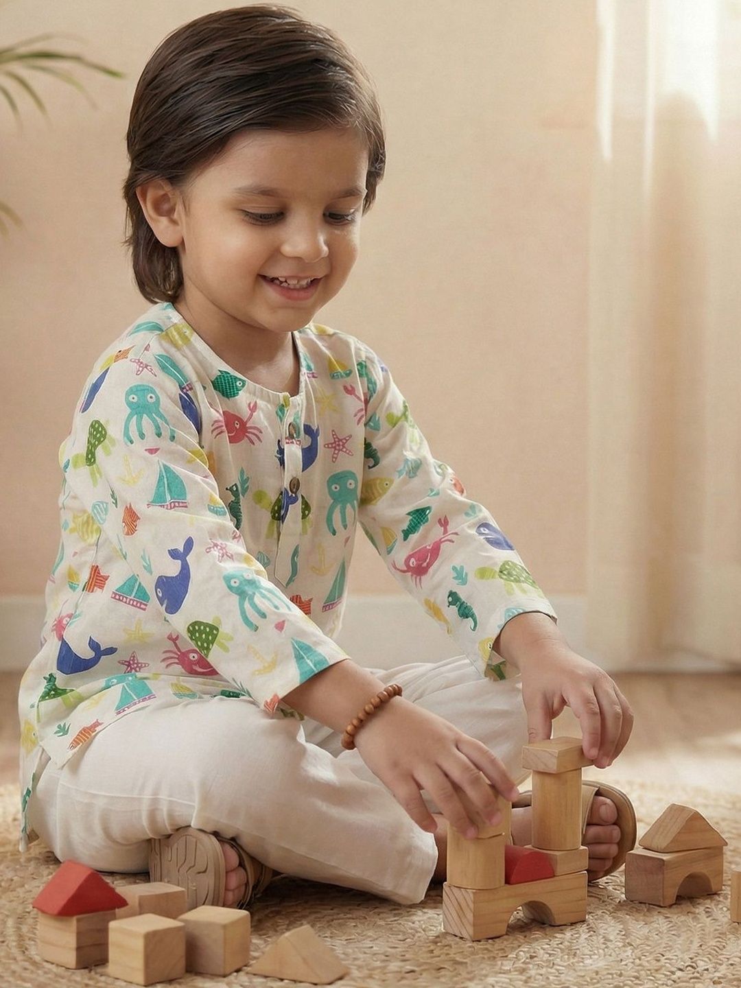 LIL PITAARA Unisex Kids Ethnic Motifs Printed Regular Pure Cotton Kurta with Pyjamas