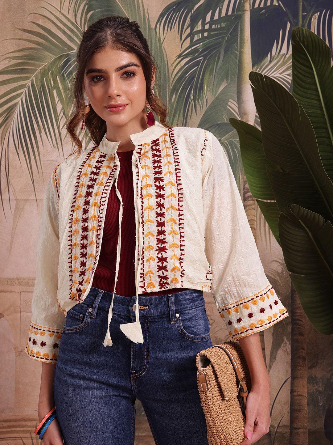 Sangria Geometric Embroidered Tie-Up Shrug
