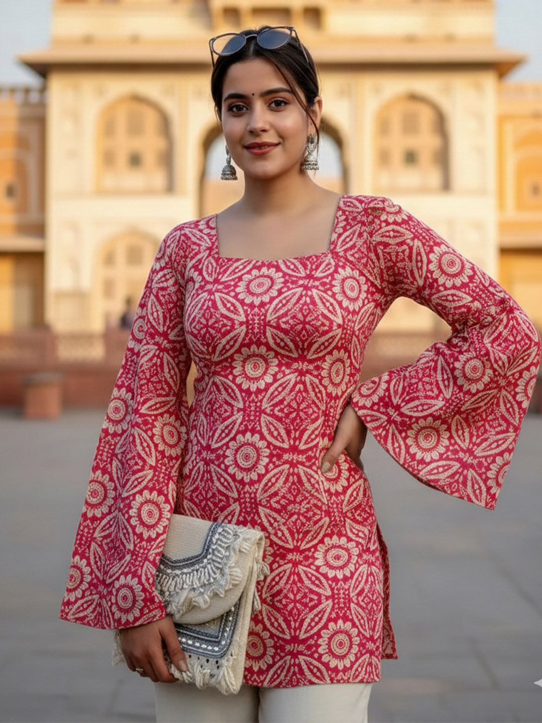 SAICHA Ethnic Motifs Printed Square Neck Flared Sleeves Pure Cotton Blend Kurti