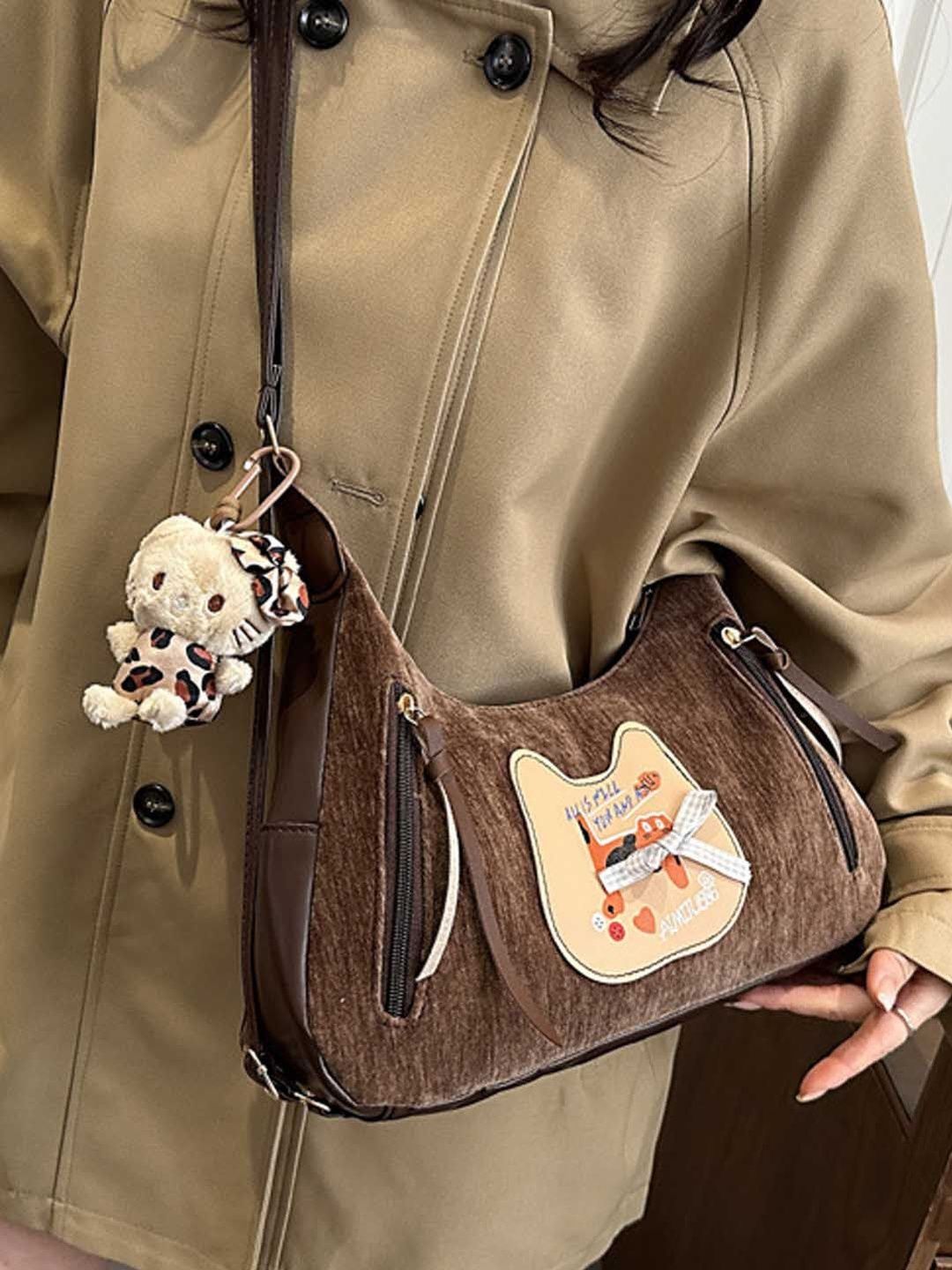 Lara Karen Textured Half Moon Sling Bag with Applique