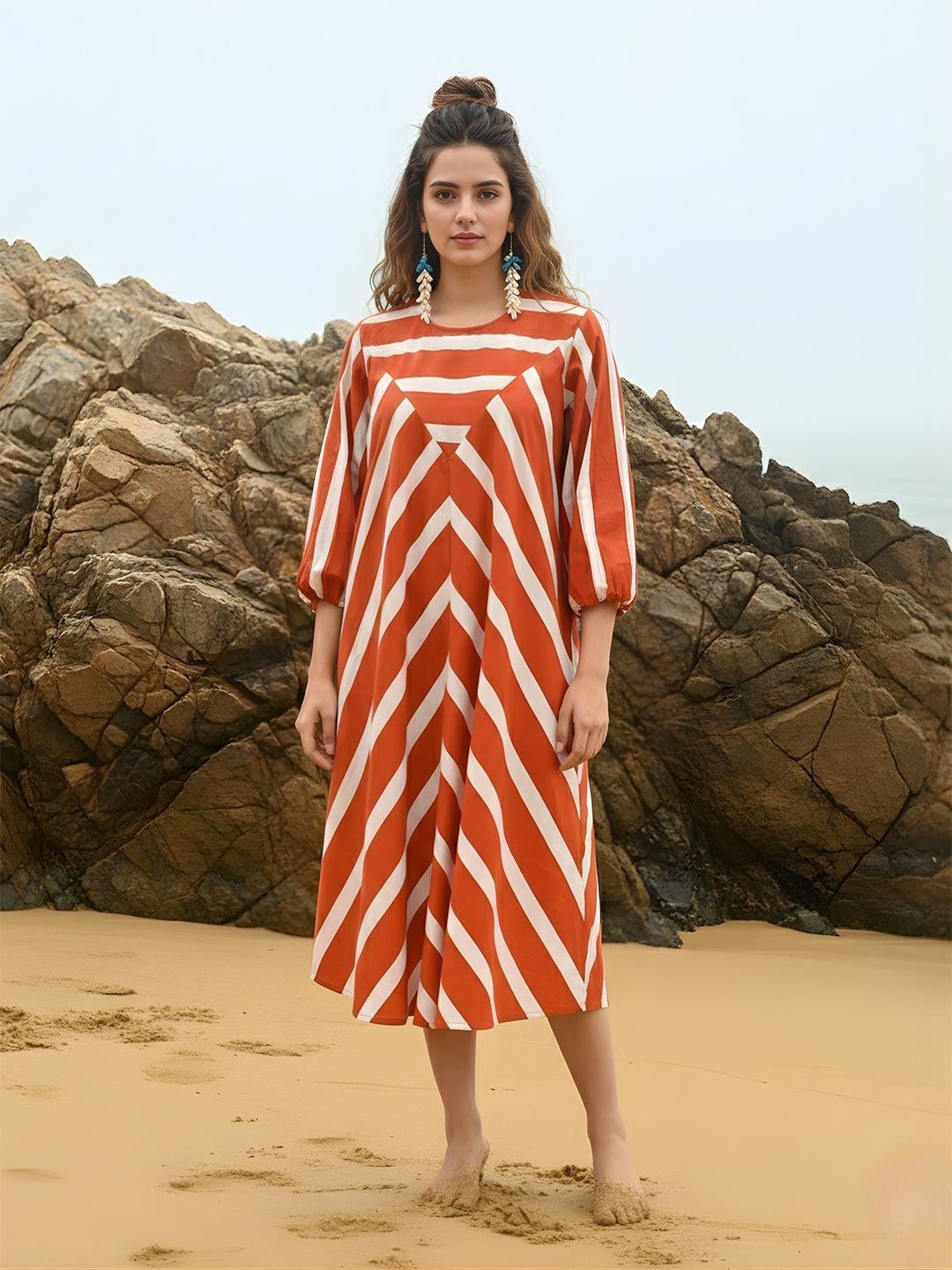 Striped A-Line Midi Dress Dora Dori 
Relaxed Fit Striped A-Line Dress