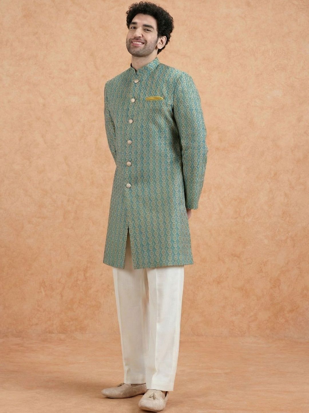 KISAH Floral Woven Design Mandarin Collar Sherwani With Wide Leg Trouser