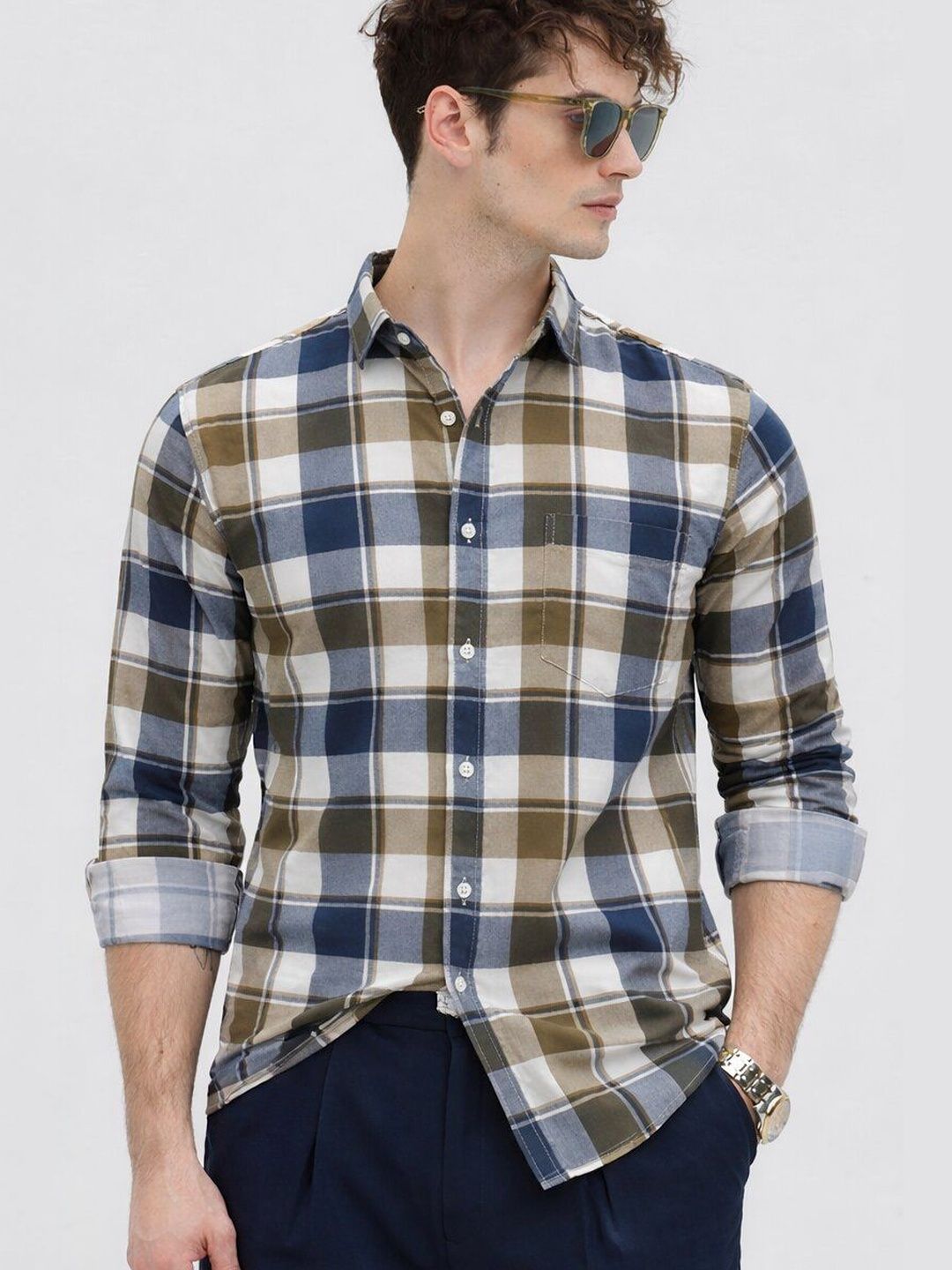 The Roadster Lifestyle Co Checked Pure Cotton Spread Collar Shirt