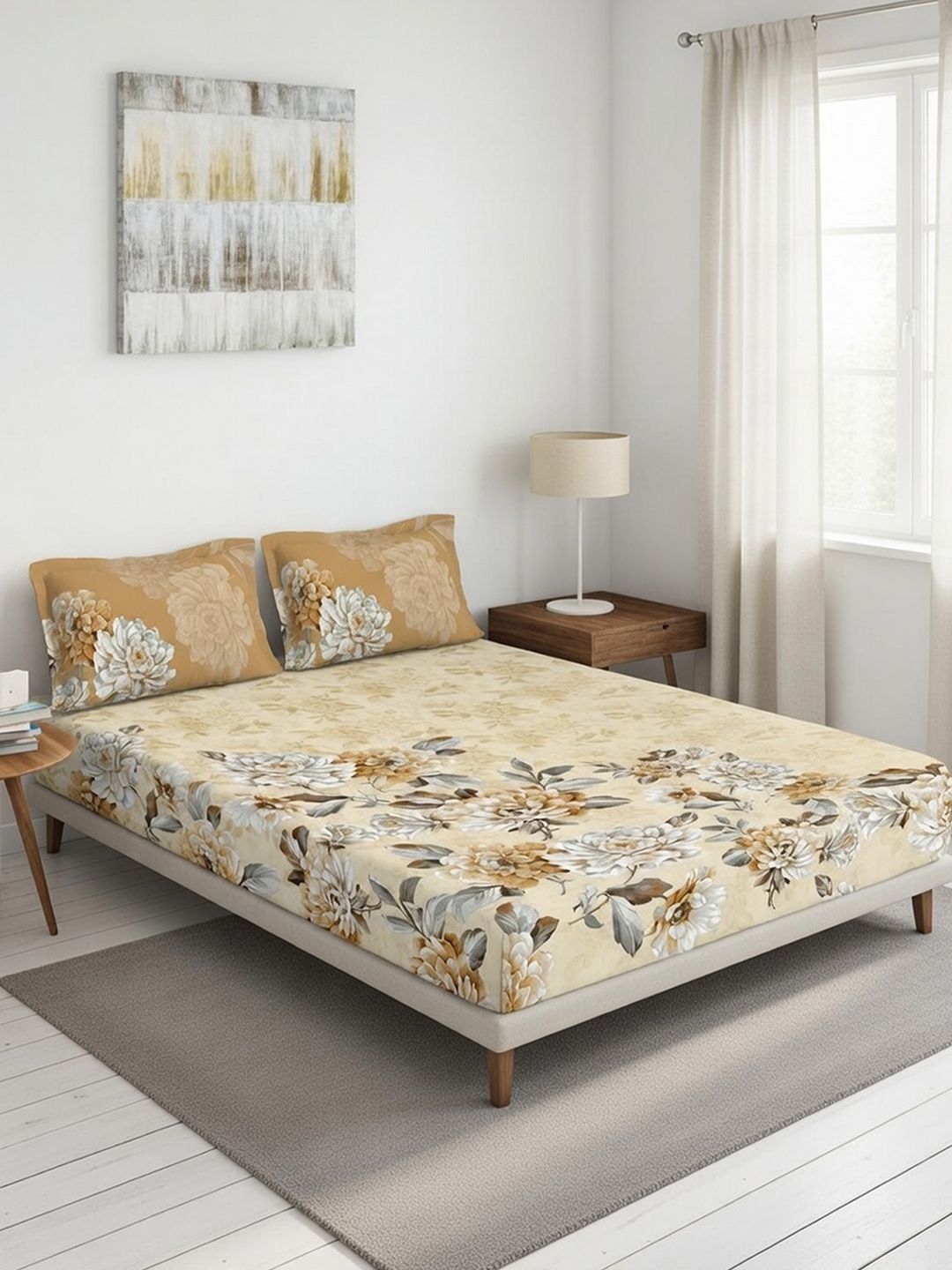 DDecor Brown Floral 145TC King Flat Pure Cotton Bedsheet with 2 Pillow Covers