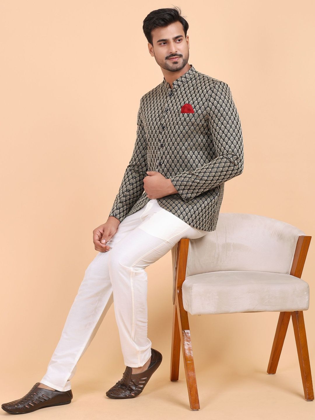 W & G Printed Mandarin Collar Jodhpuri Blazers
