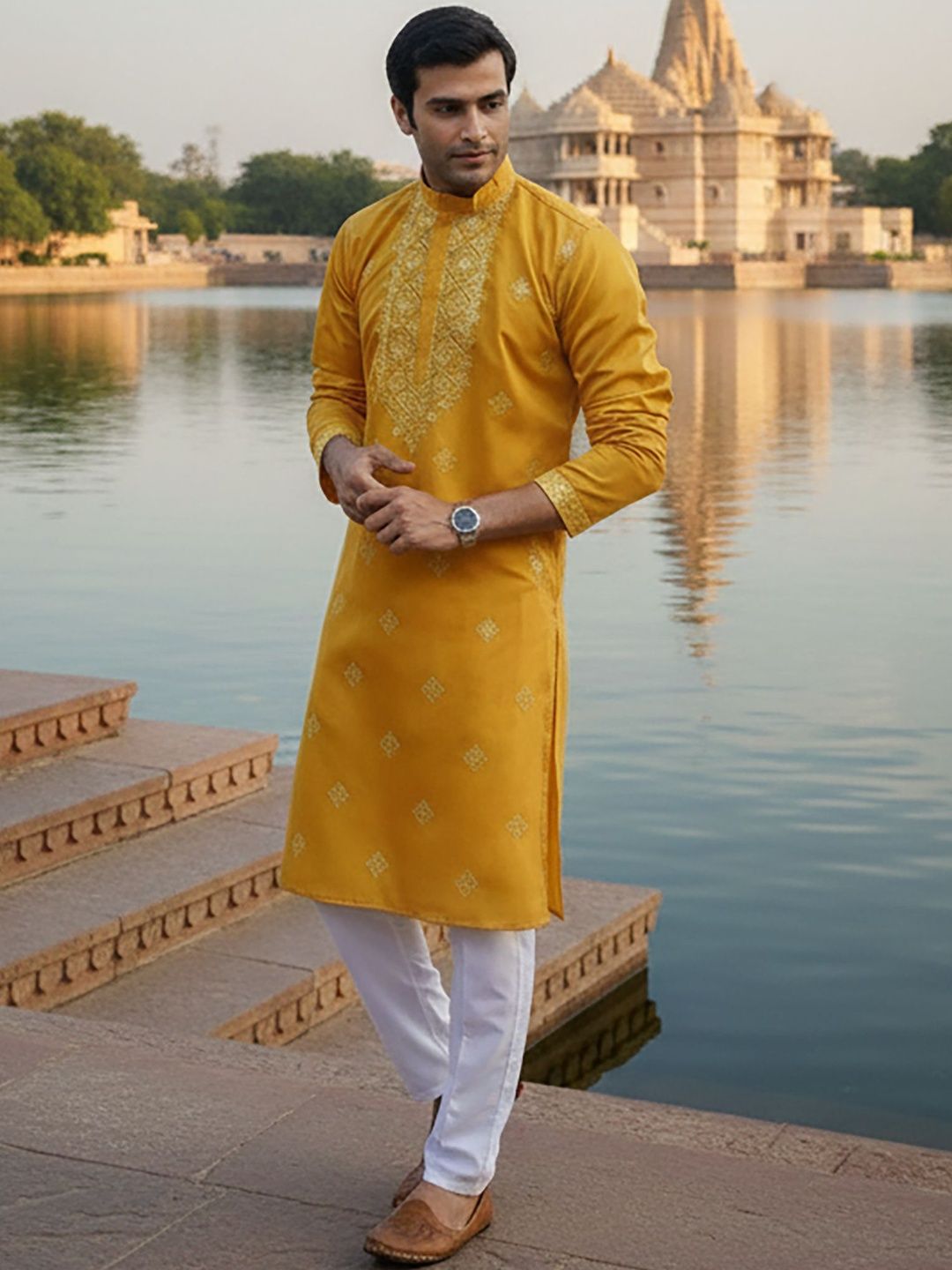 RANGRAAG Men Geometric Yoke Design Keyhole Neck Flared Sleeves Thread Work Pathani Kurta