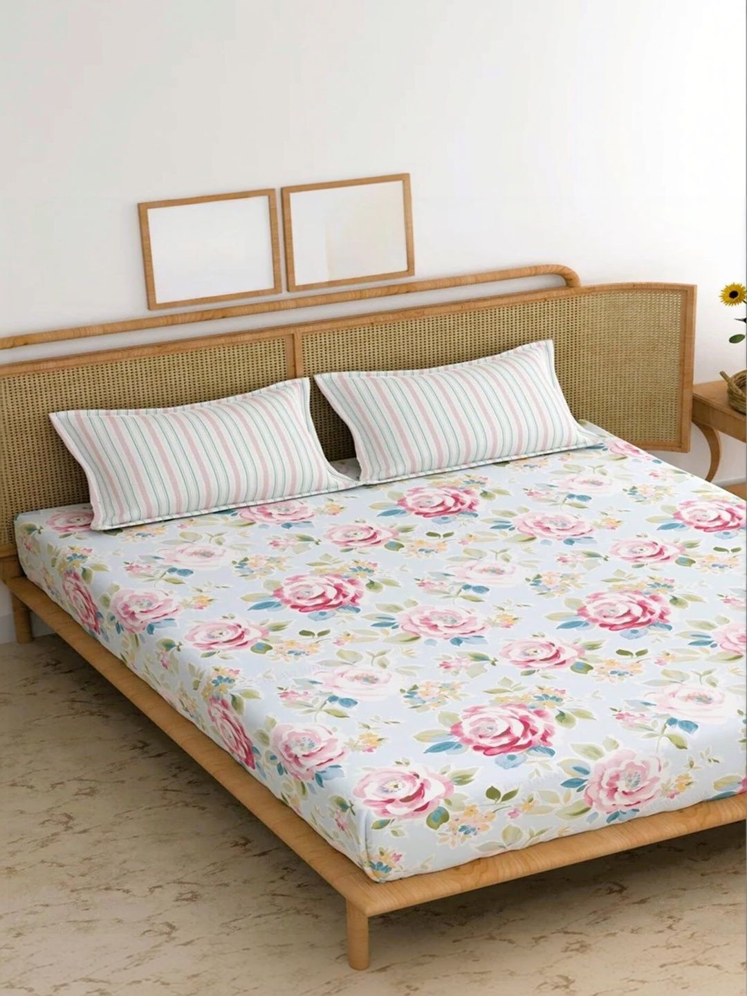 NeLeo Blue Floral 300 TC 2 King Bedsheet with 2 Pillow Covers