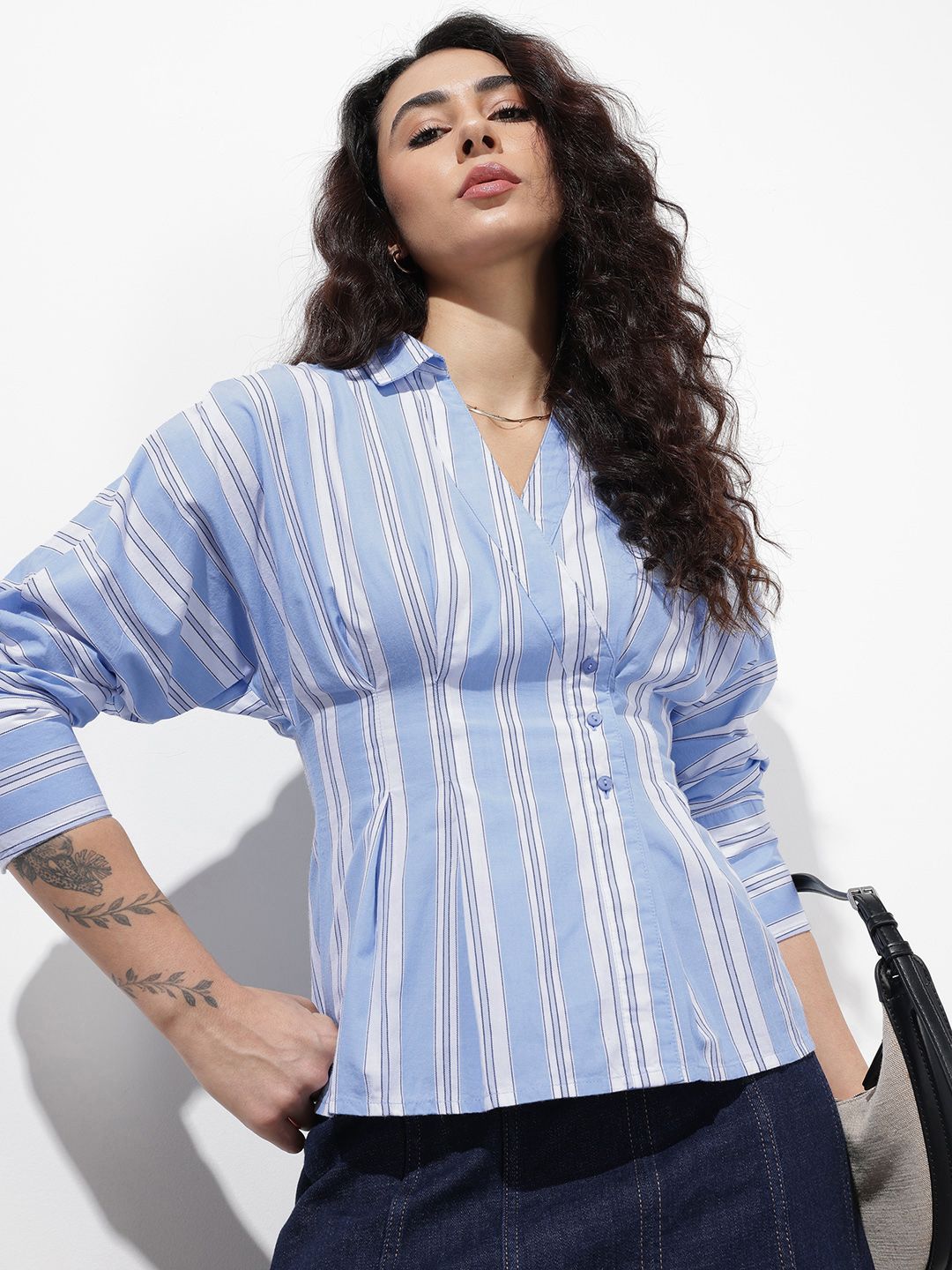 Buy Roadster Pure Cotton Striped Pleated Casual Shirt - Shirts for