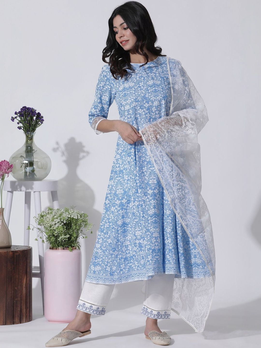 Women Printed Kurta with Trousers With Dupatta W Women Ethnic Motifs Printed Regular Pure Cotton Kurta with Trousers & With Dupatta