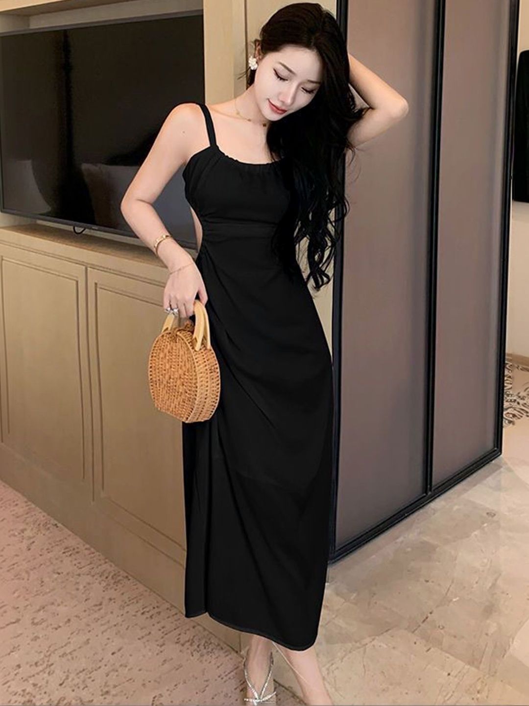 LULU & SKY Ruched Waist Midi Dress In Black Dresses