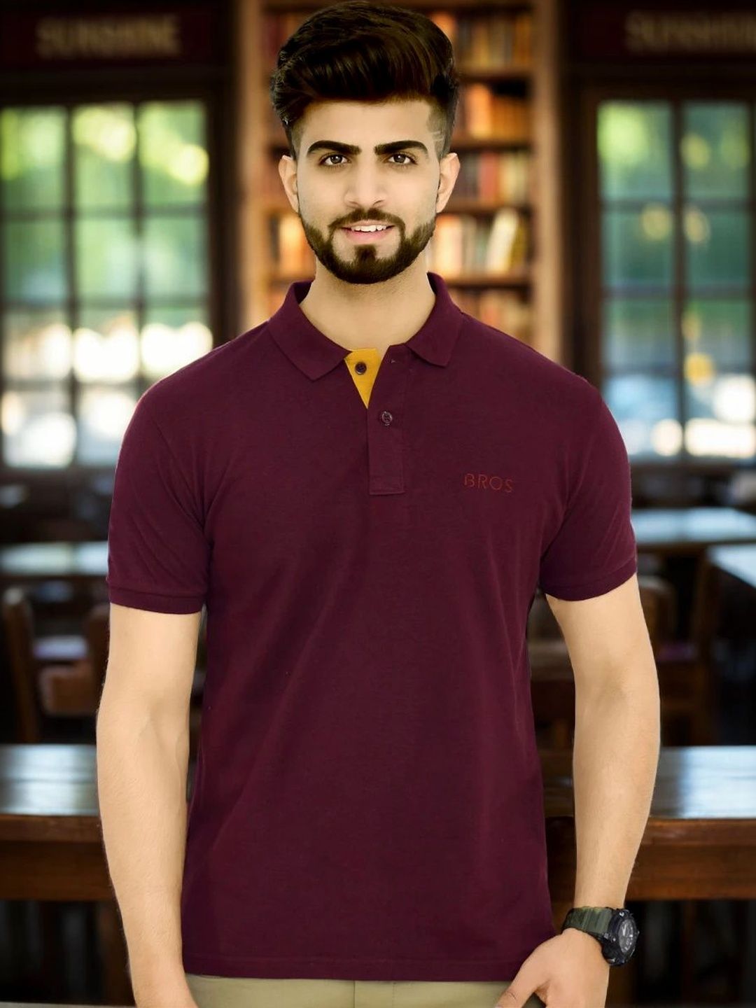 3BROS Men Maroon Polo Collar T-shirt