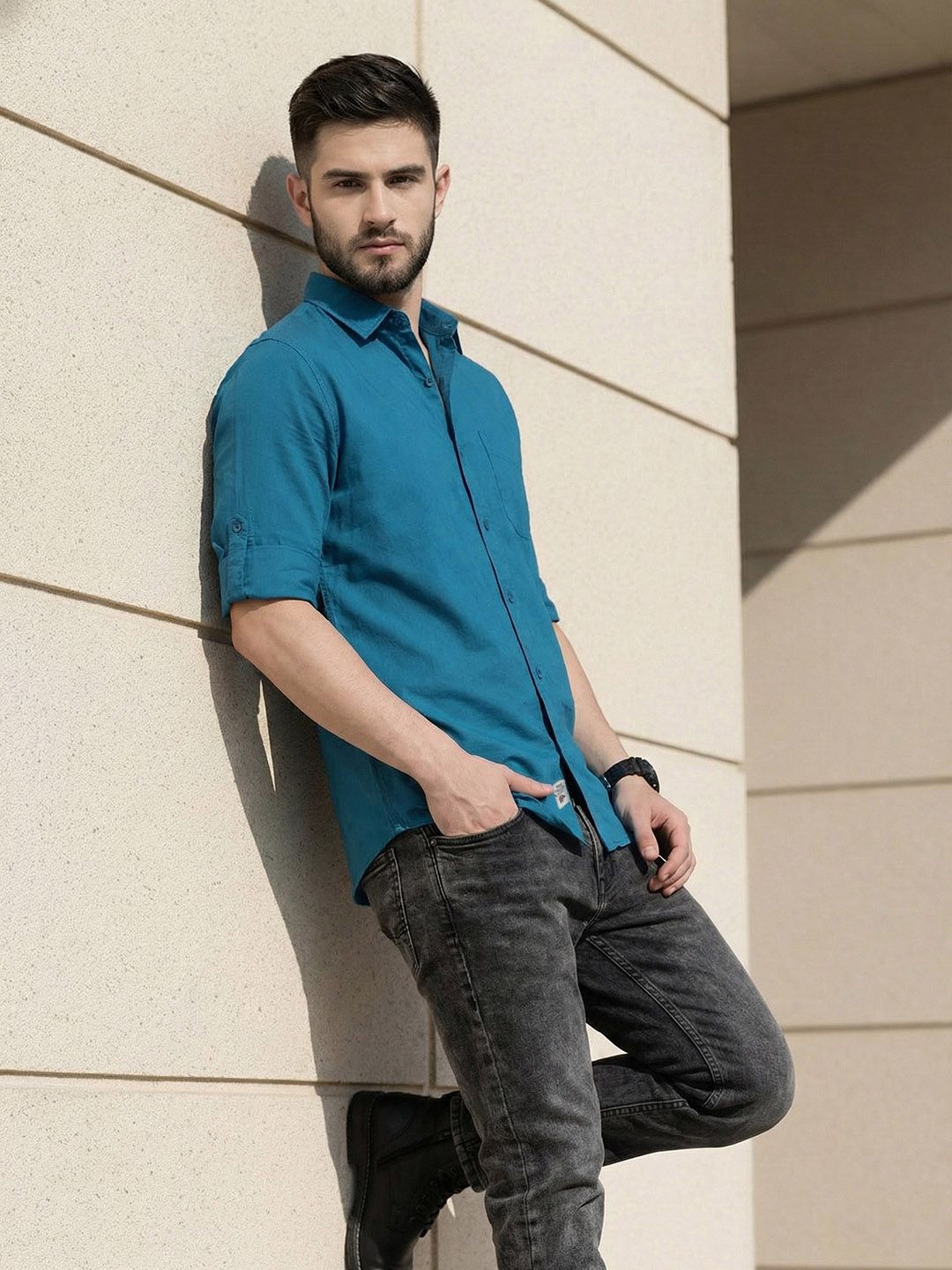 Roadster Men Teal Blue Solid Casual Cotton Shirt