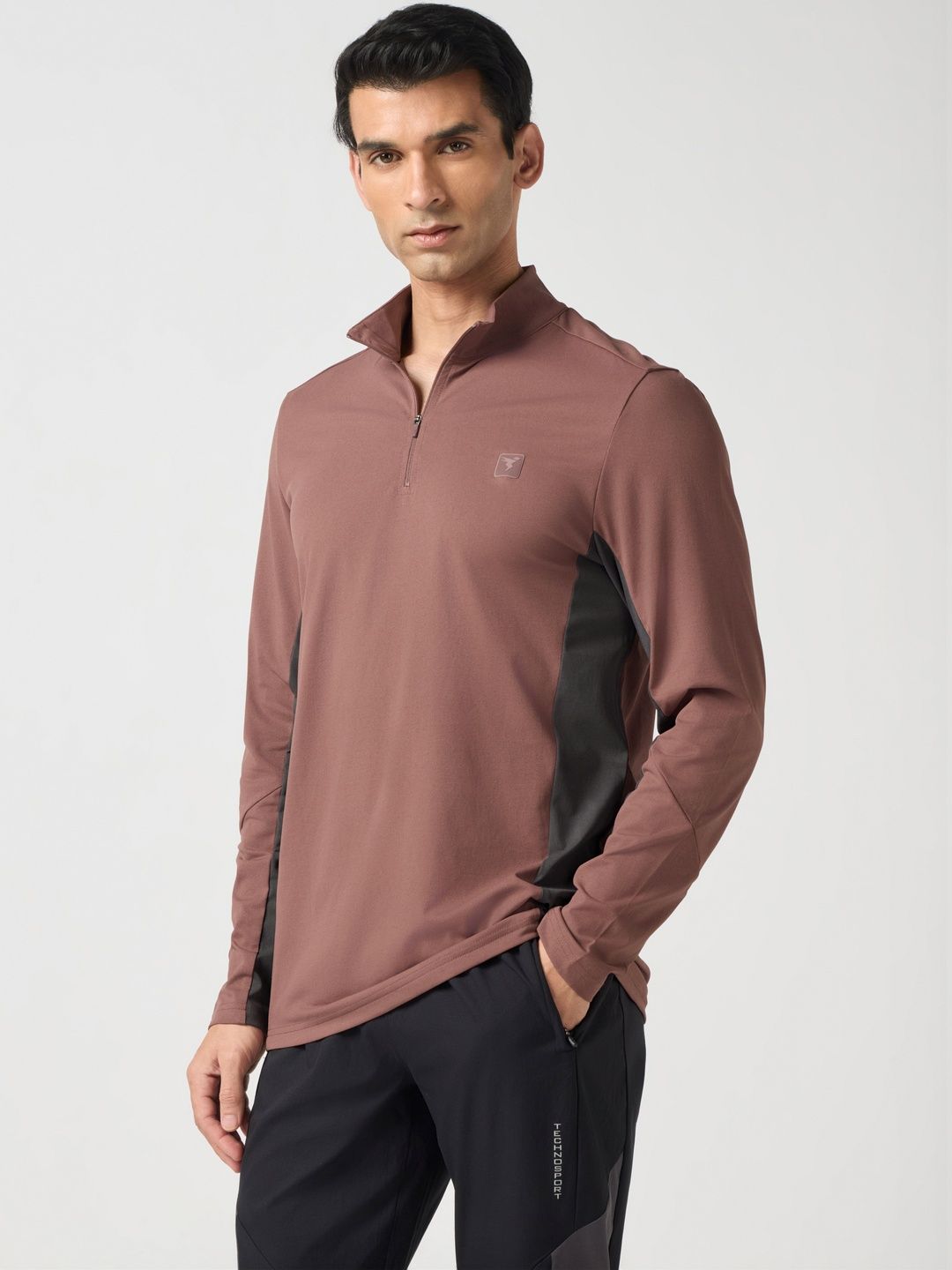 Technosport Men Brand Logo Colourblocked High Neck Slim Fit T-shirt