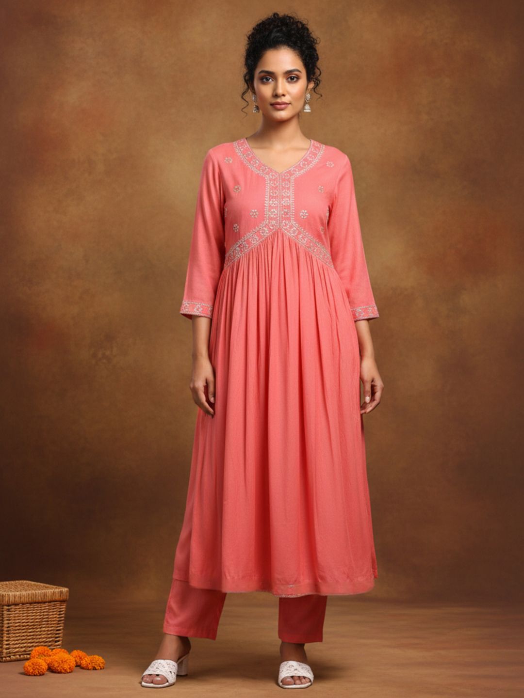 Aspriya Women Embroidered V-Neck Pleated Kurta