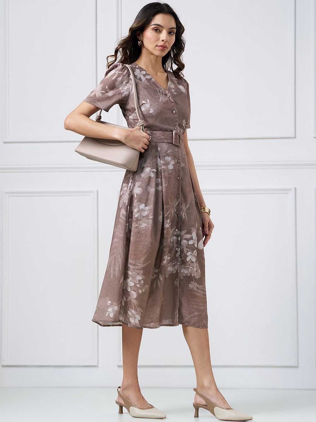 Floral Print Fit & Flare Midi Puff Sleeve Dress Annabelle by Pantaloons Floral Print Puff Sleeve Fit & Flare Midi Dress