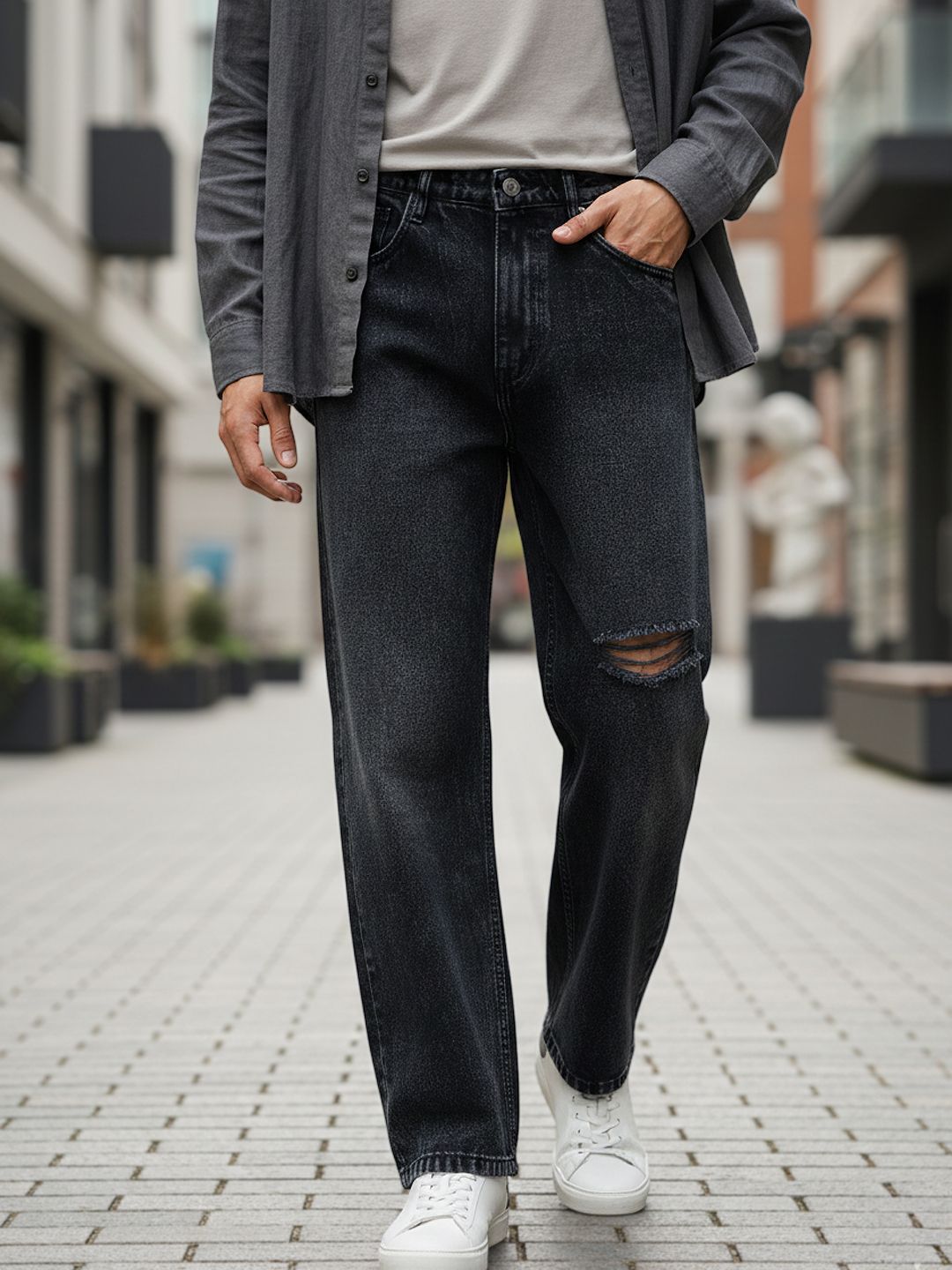 Urbano Fashion Men Washed Black Pure Cotton Loose Relaxed Fit Slash Knee Heavy Fade Jeans