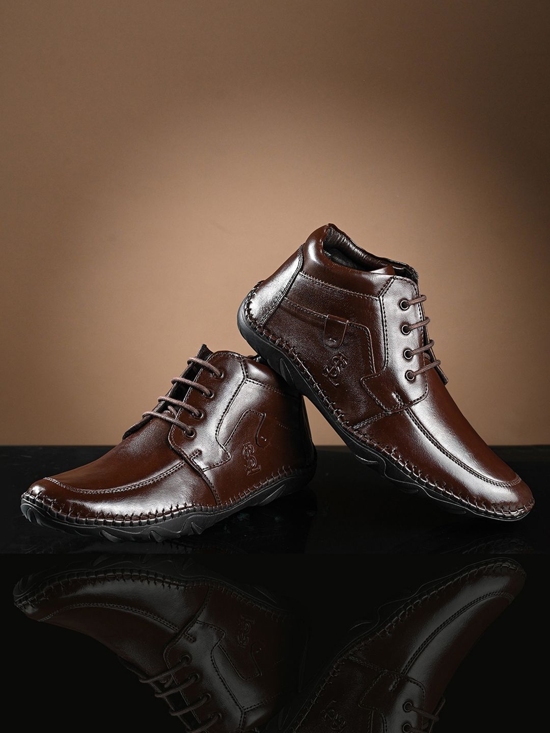 LOUIS STITCH Brunette Brown Genuine Leather Ultra Lightweight Mid-Ankle Derby Shoes