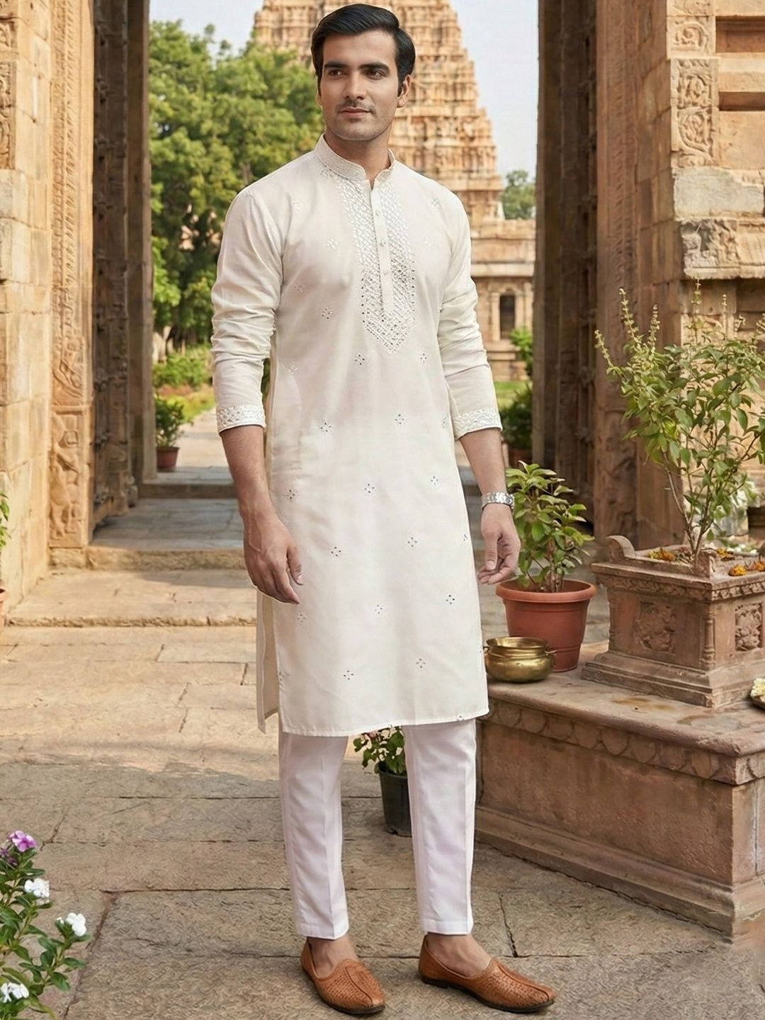 RANGRAAG Men Floral Printed Thread Work Kurta