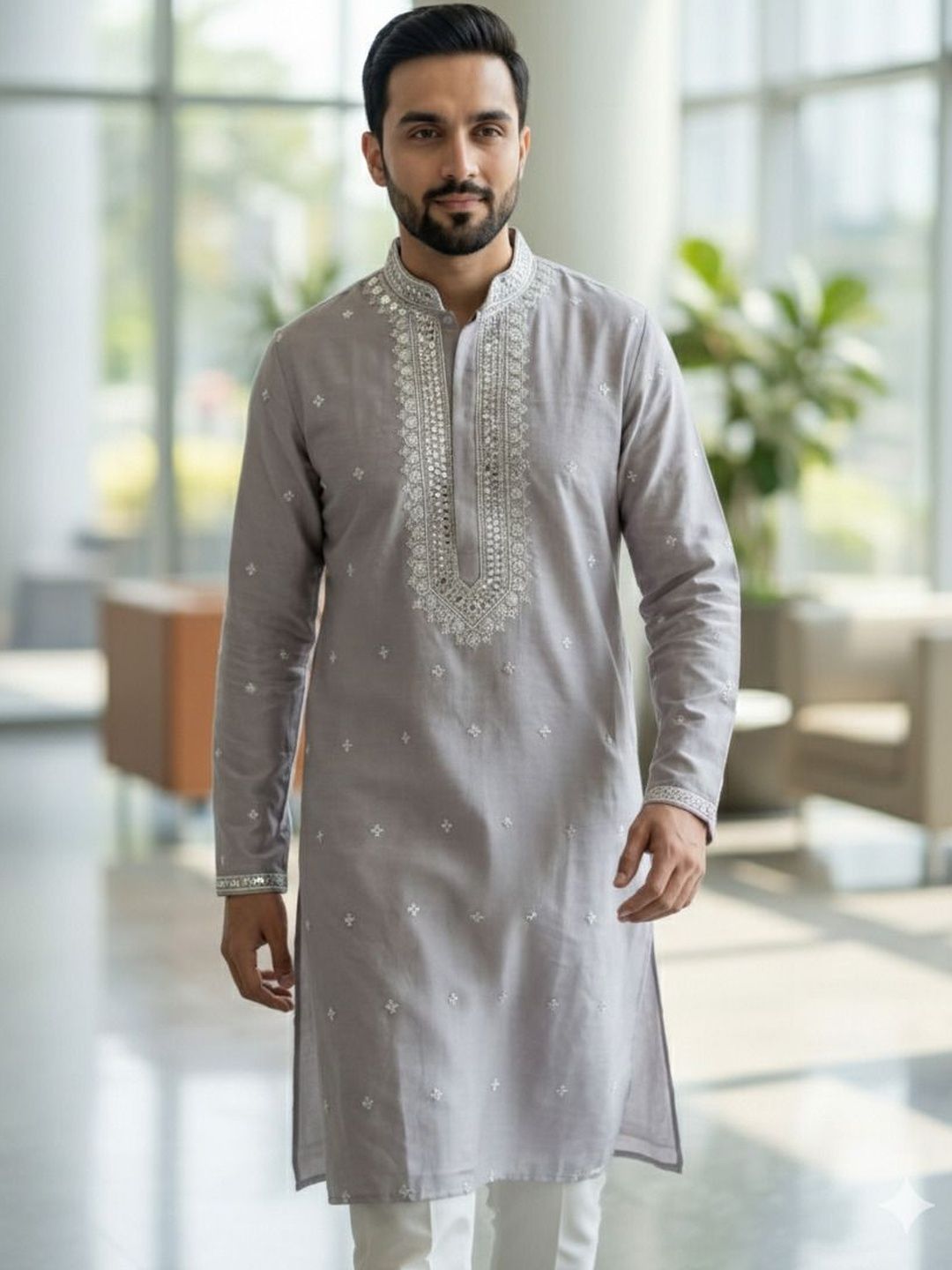 Anouk Mirage Mens Cotton Silk Embroidered Thread Work Kurta With Mandarin Collar