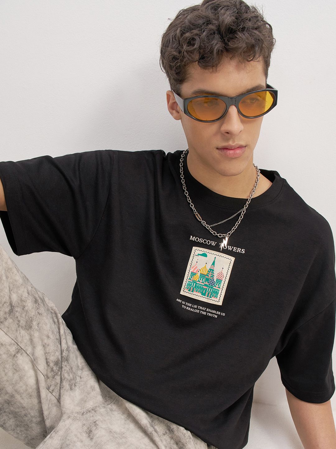 HIGHLANDER Graphic Printed Round Neck Drop-Shoulder Sleeves Oversized T-shirt