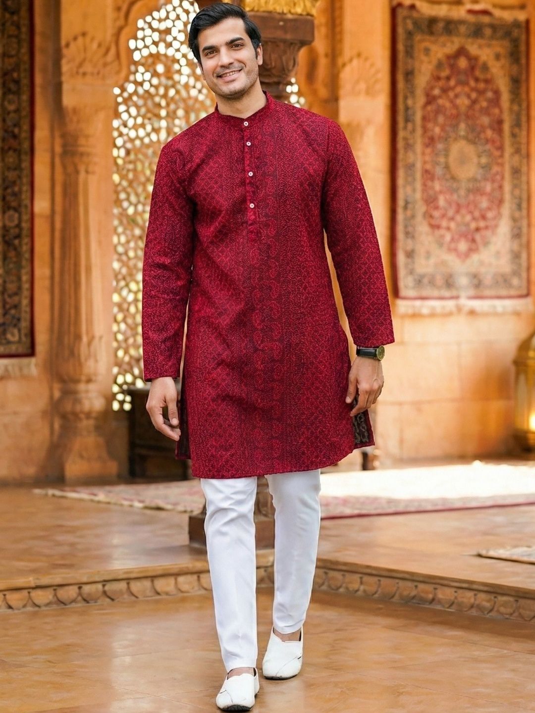 RANGRAAG Men Ethnic Motifs Georgette Chikankari Kurta