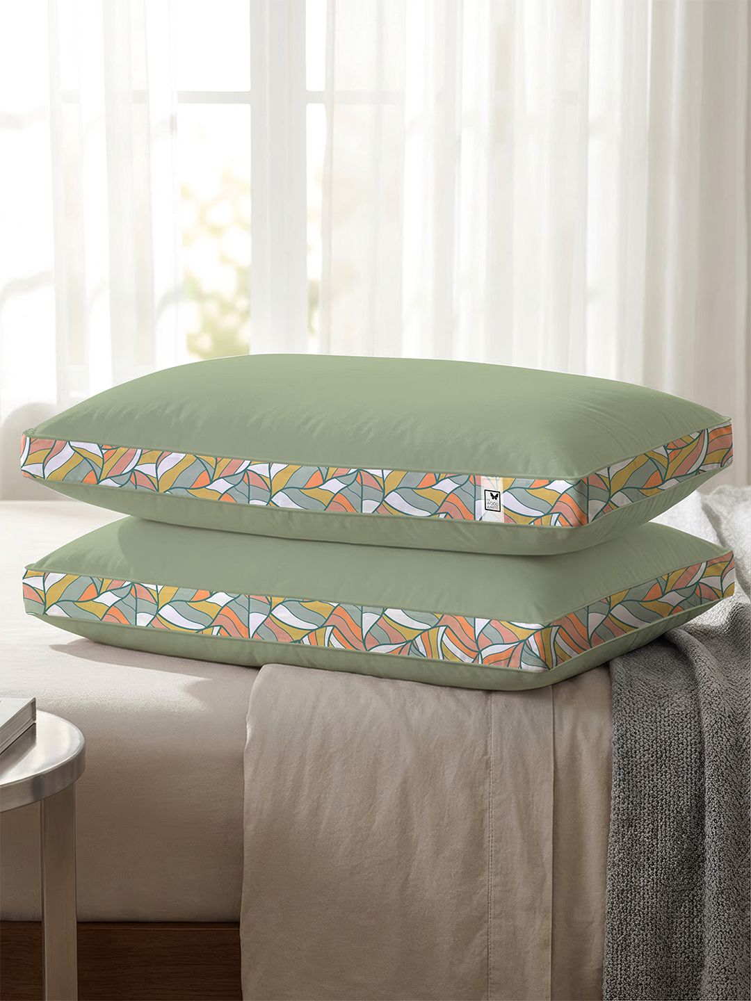 THE WOOD WHITE Green Abstract Polycotton Breathable Set of 2 Medium Fibre Sleep Pillow-15 x 68 x 43 cm