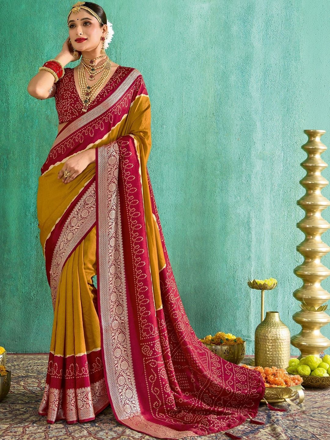 Bandhani Silk Blend Saree Dhaaga Ghar Bandhani Silk Blend Designer Bandhani Saree