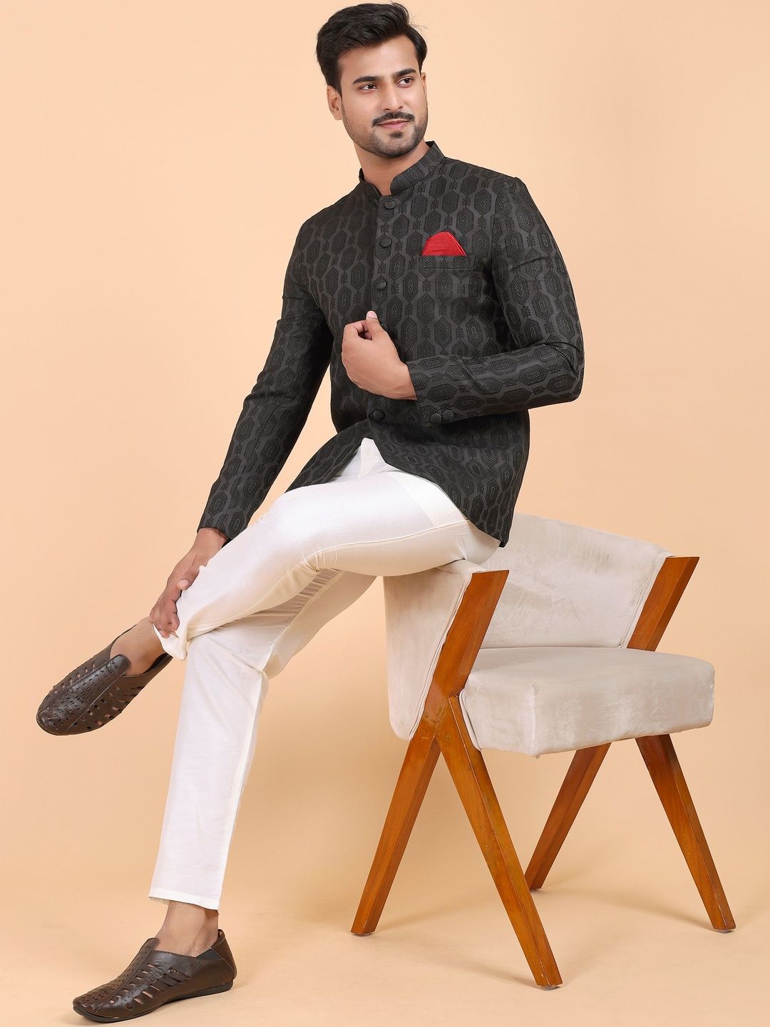 W & G Printed Mandarin Collar Jodhpuri Blazers