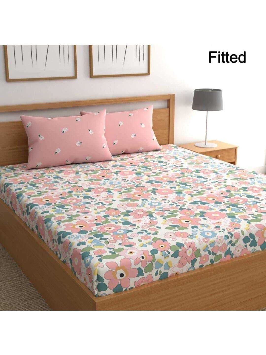 NeLeo White Floral 300 TC Bedsheet with 2 Pillow Covers