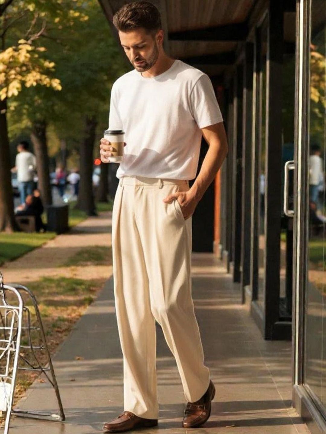 Stylecast X Kotty Beige Relaxed Fit Pleated Wide Leg Trousers