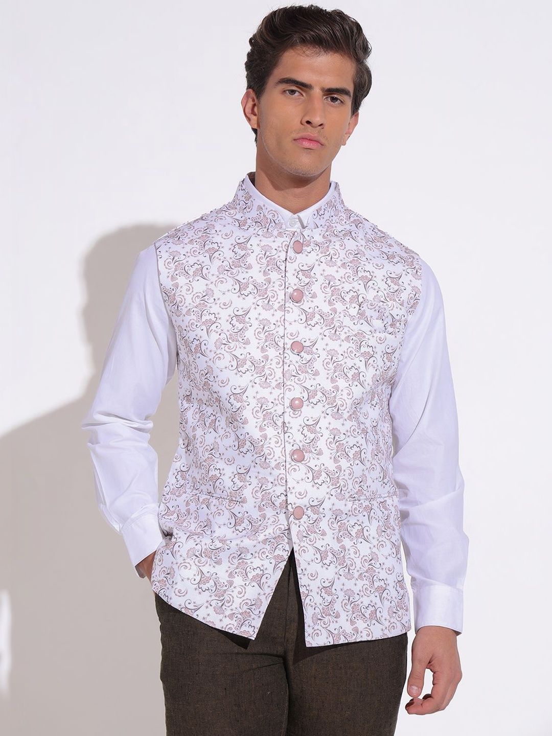 SHOWOFFFF Printed Mandarin Collar Sleeveless Nehru Jacket