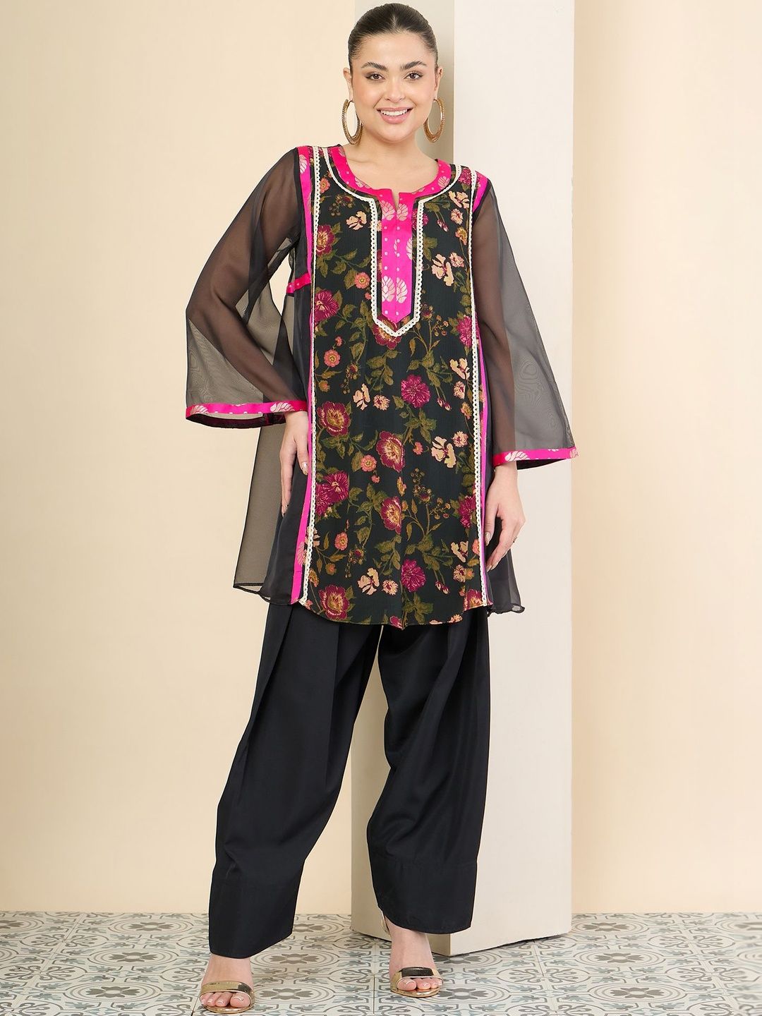 Floral Printed Co-Ords Antheaa Floral Printed & Lace Details Tunic with Palazzos