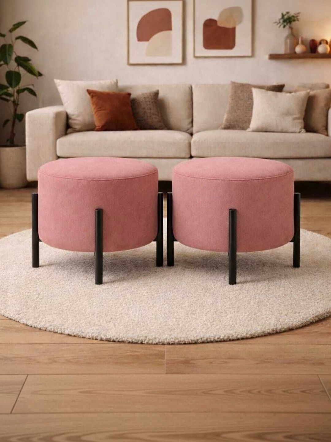 JAICO 2 Pieces Pink Round Ottomans