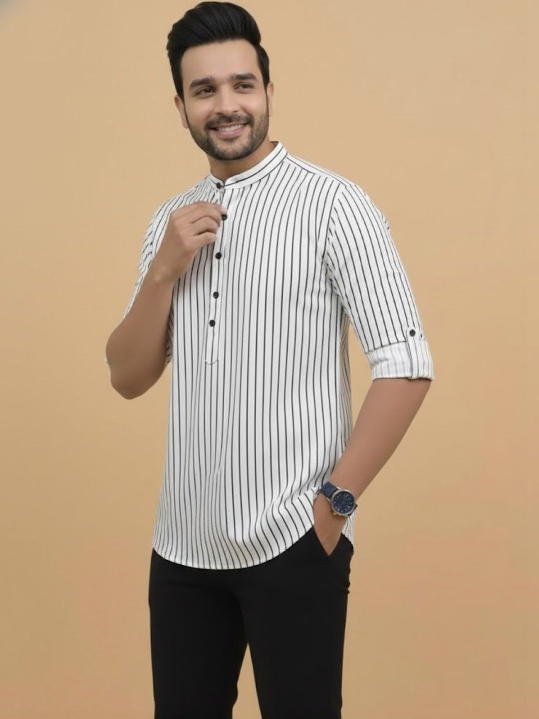 Anouk Rustic Men Striped Flared Sleeves Pathani Kurta