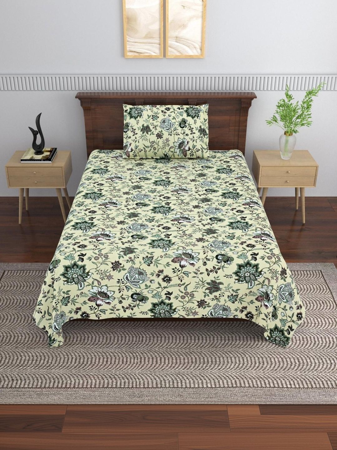MAFATLAL Cream-Coloured Floral 144 TC Single Bedsheet with 1 Pillow Covers