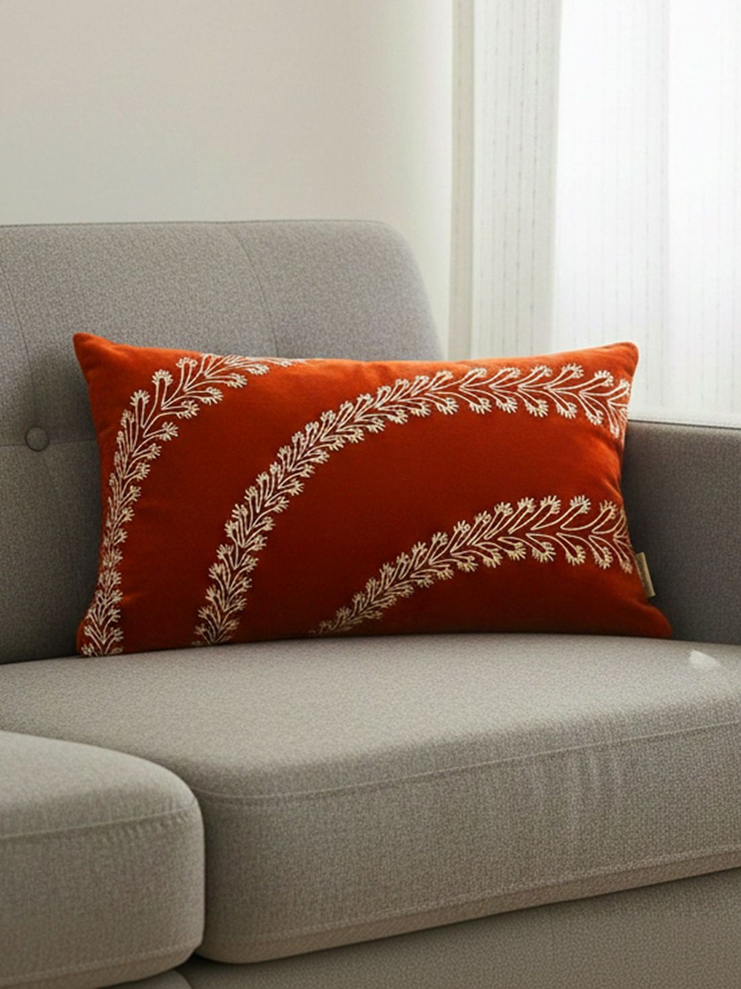 ANWYN Rust & White Embroidered Velvet Blend Rectangle Cushion Covers