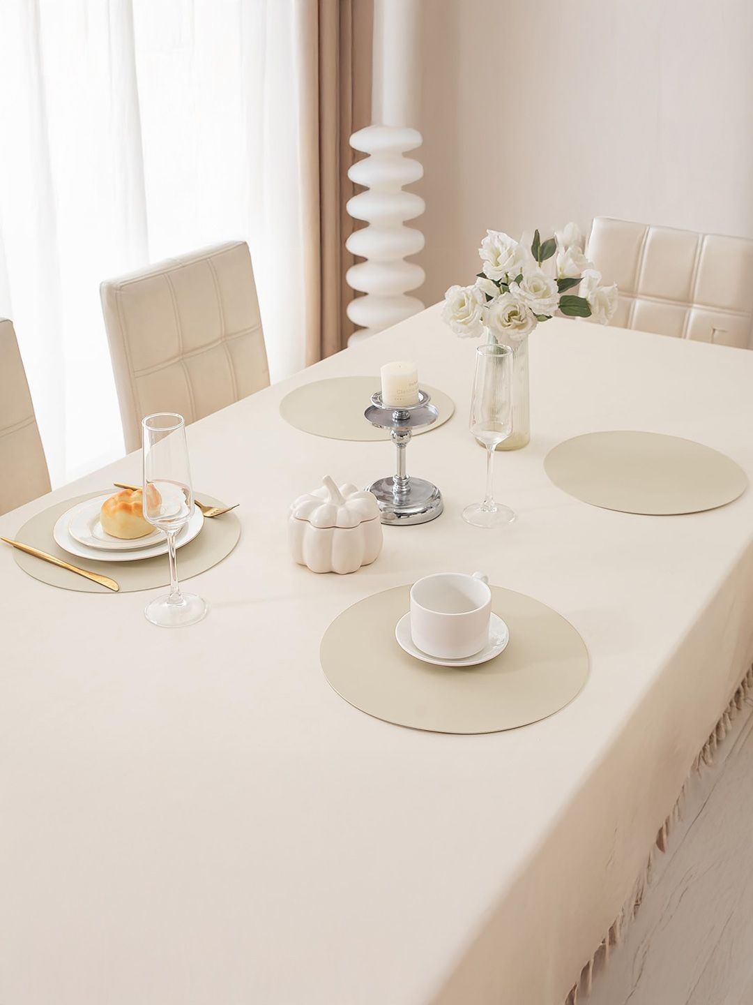 HOKIPO Cream Faux Leather Dining Table Round Mats 4 Pcs Table Placemats