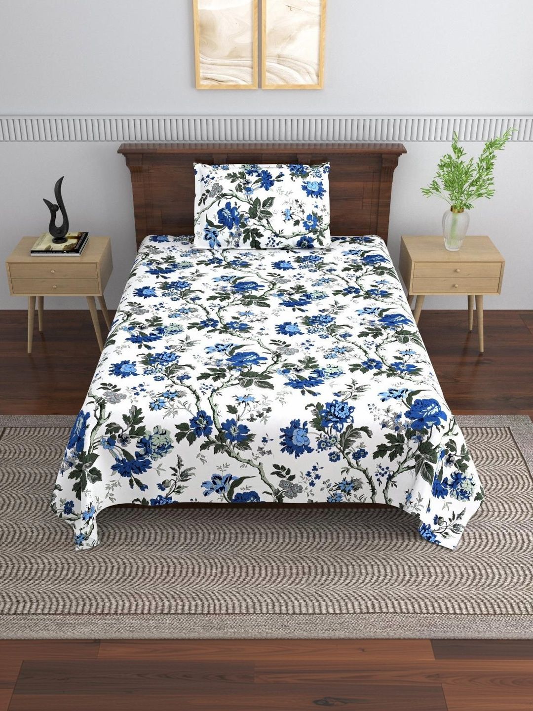MAFATLAL White Floral 144 TC Single Bedsheet with 1 Pillow Covers
