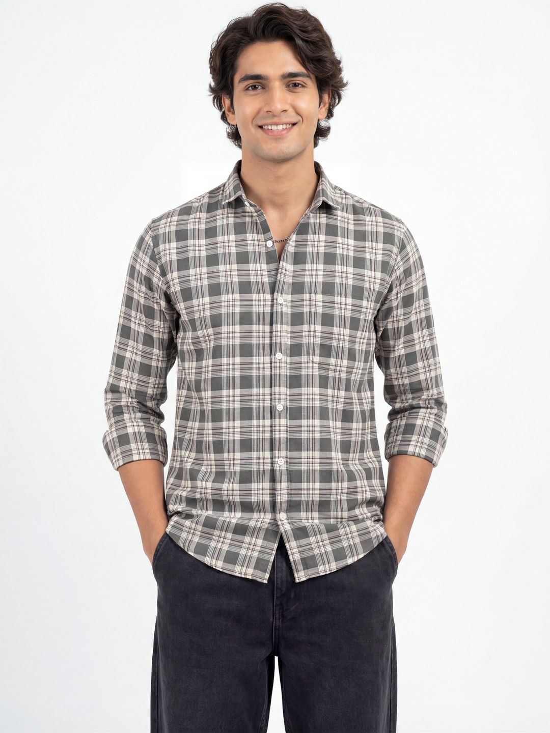 The Roadster Lifestyle Co Checked Pure Cotton Spread Collar Shirt