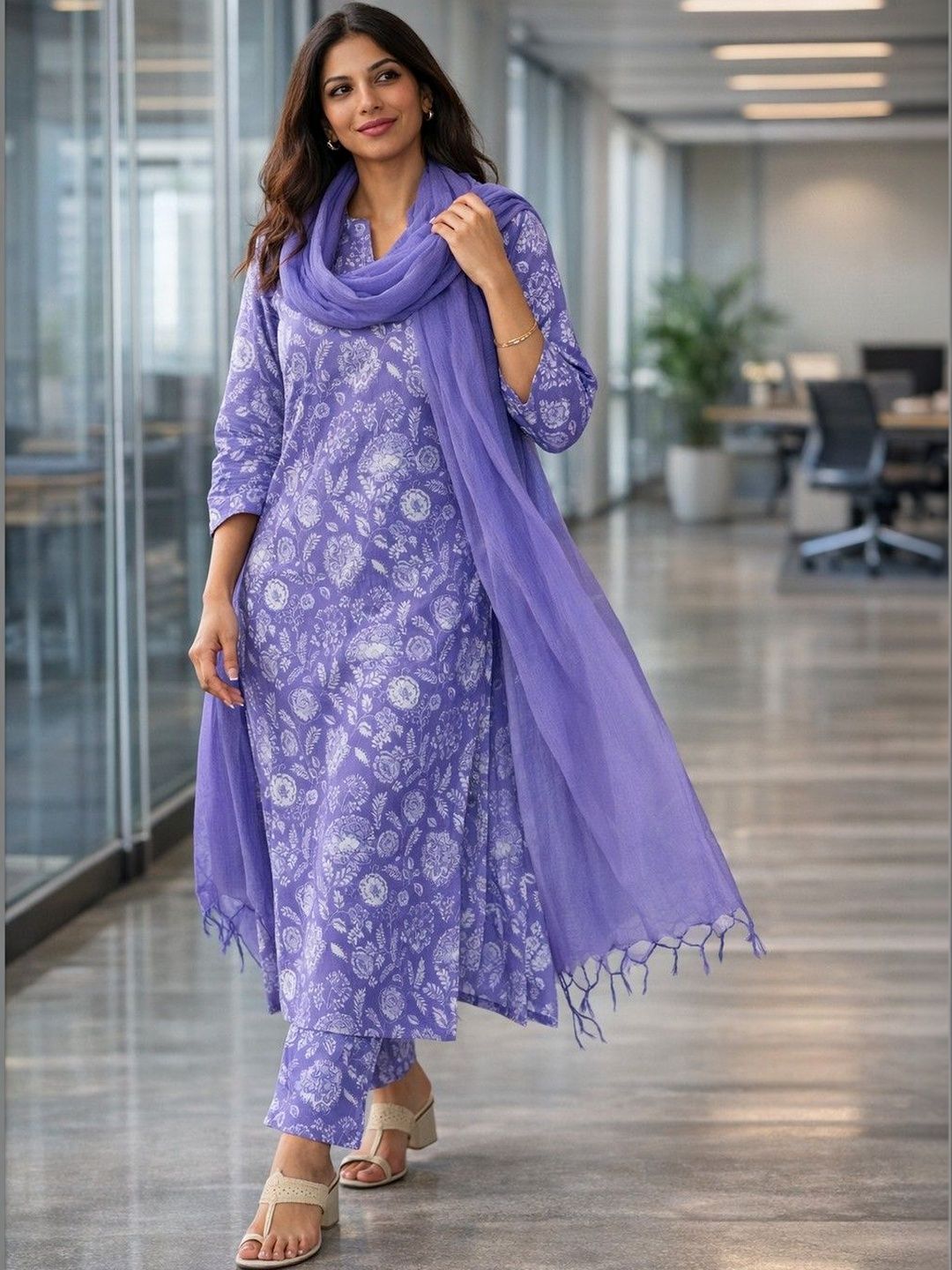 Lookmark Women Floral Printed Regular Kurta with Trousers & With Dupatta