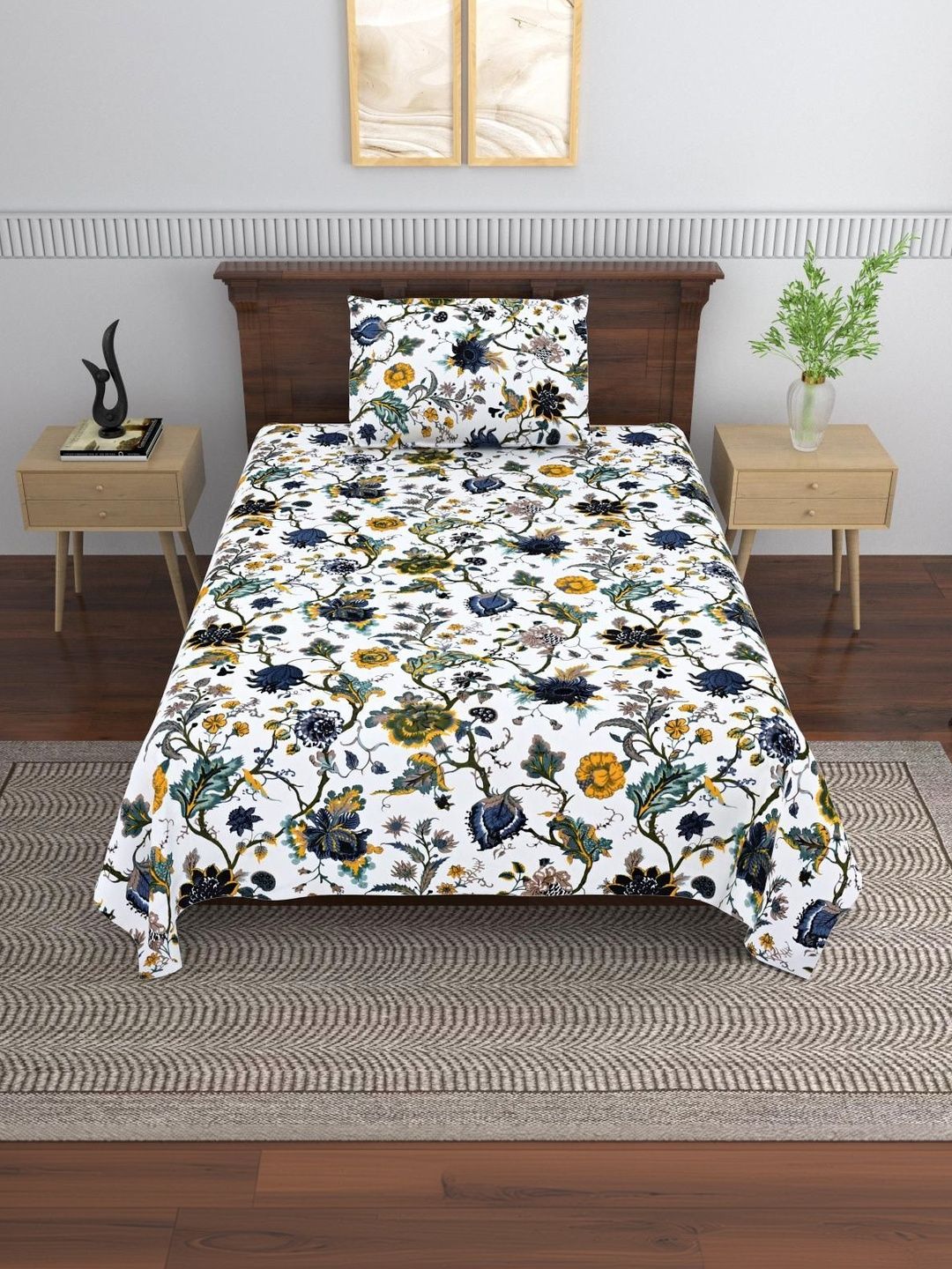 MAFATLAL White Floral 144 TC Single Bedsheet with 1 Pillow Covers
