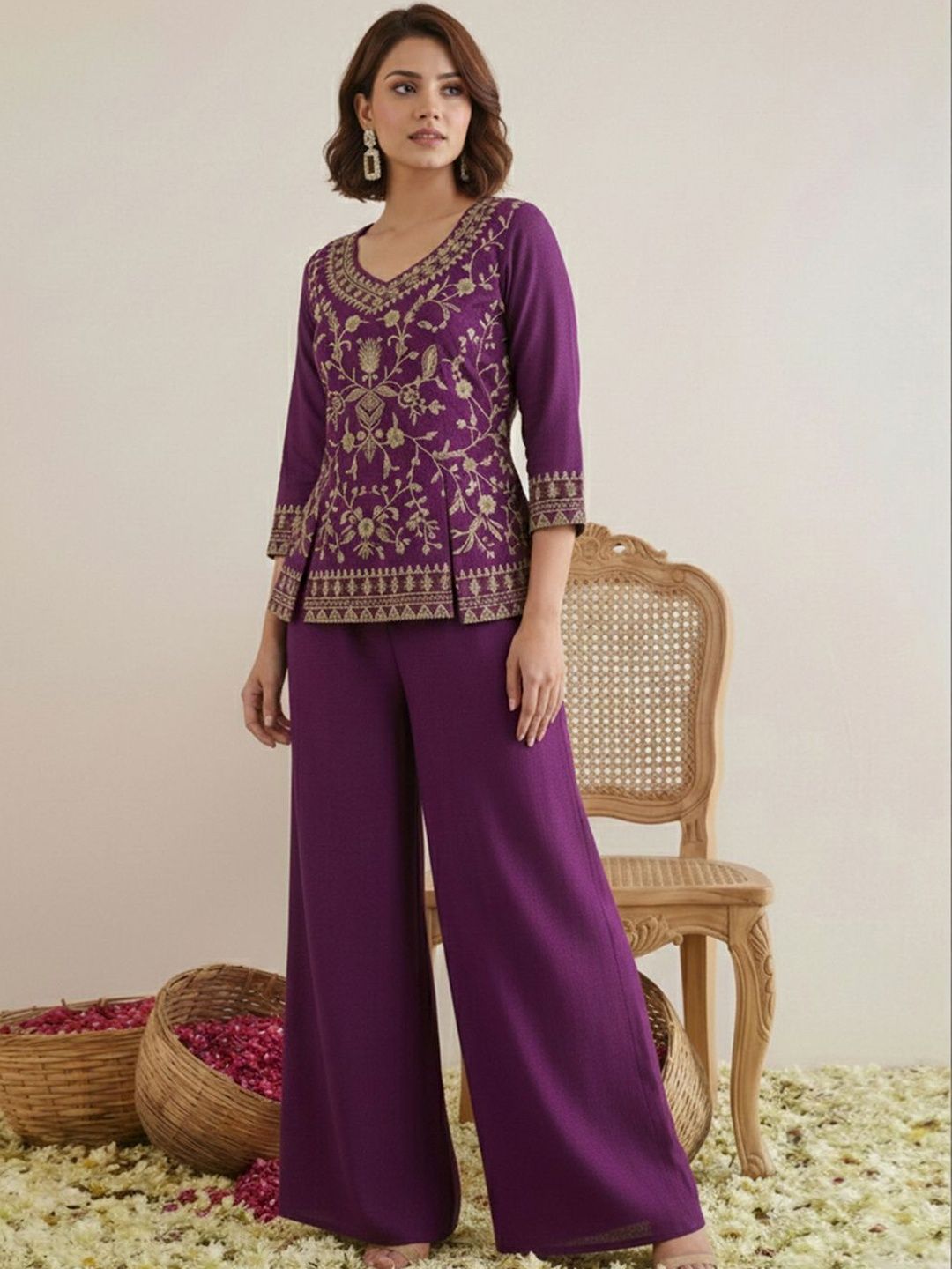 Sangria Indie Florals Embroidered Tunic with Palazzos