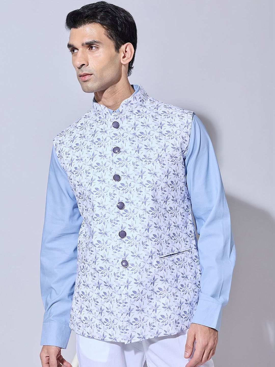 SHOWOFFFF Printed Mandarin Collar Sleeveless Nehru Jacket