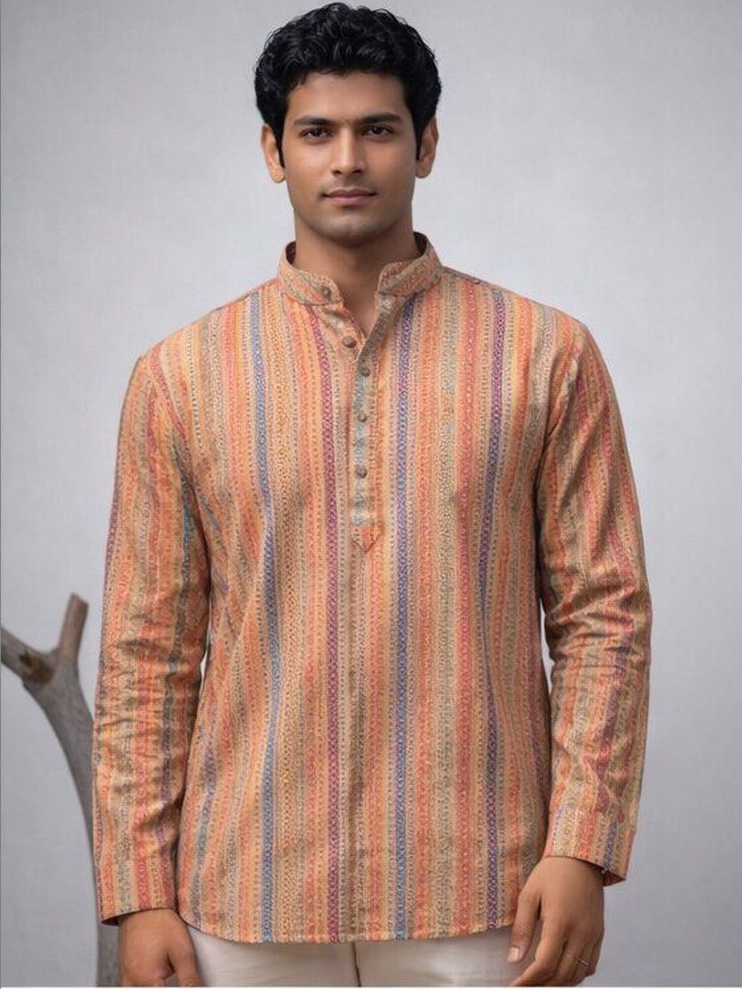 Rawayi Men Striped Thread Work Kurta